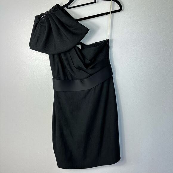 Marchesa Notte Dress One Shoulder Mini Bow Beaded Belted Cocktail LBD Black 4 - Picture 3 of 9